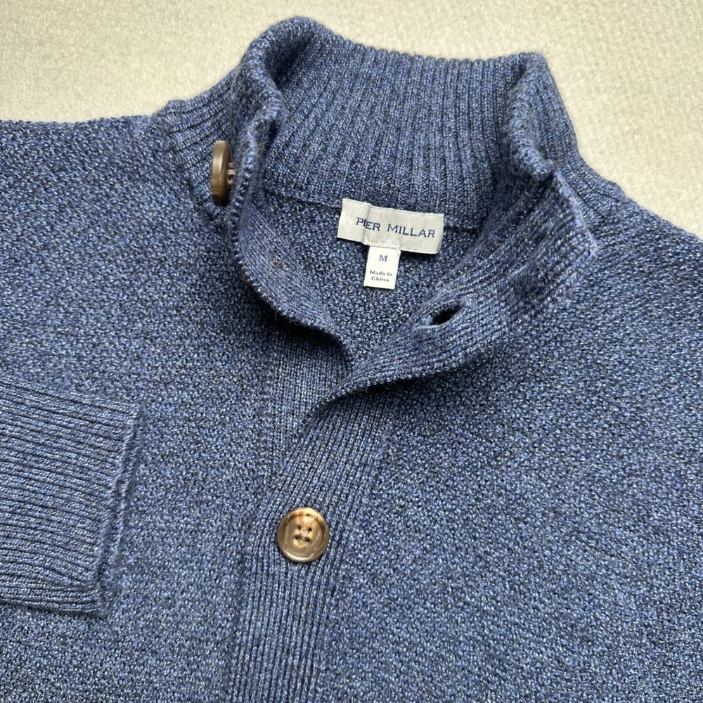 Peter Millar Cardigan Sweater Mens M Blue 100% Merino Wool Mock Neck Button